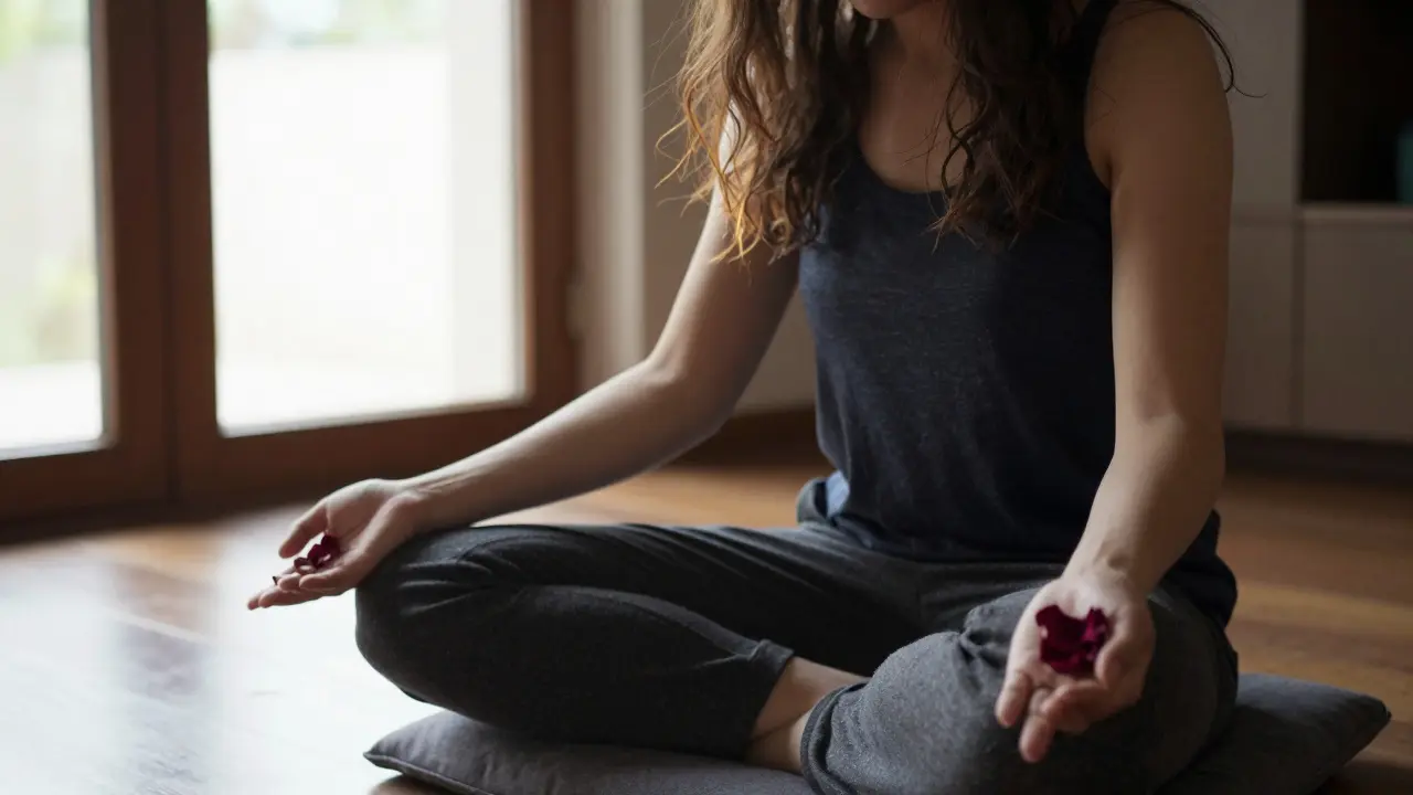 Osoba sedí v klidu po masáži, oči zavřené, slza na tváři, větrný dech hladí její vlasy — jediný kvítek leží na dlani.