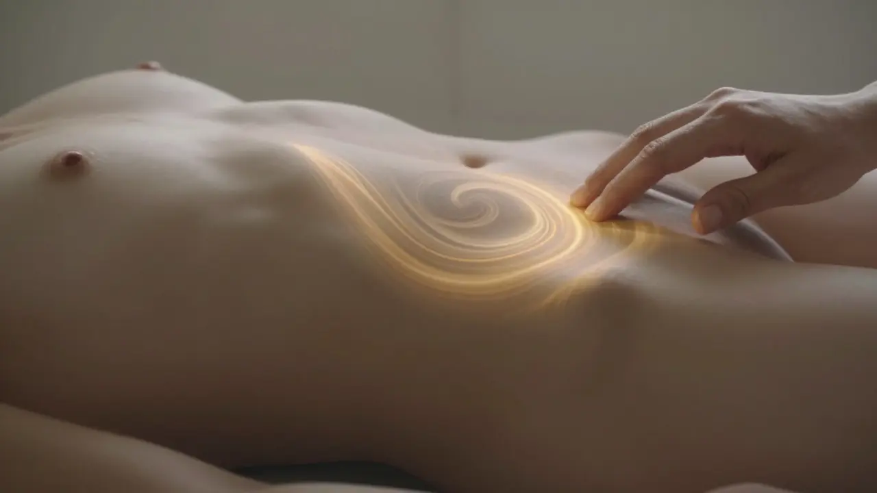 Ruka jemně dotýkající se vnitřní strany stehna, s jemným zlatým zářením šířícím se po těle.
