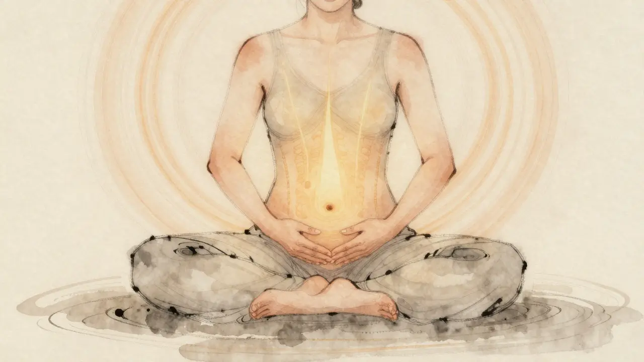 Symbolická scéna s pulzujícími kruhy energie proudícími z hrudníku do břicha a do země.