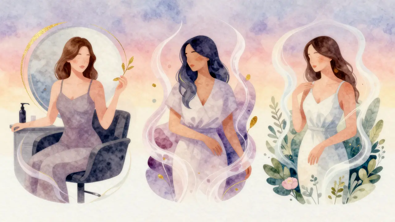 Tři ženy různých věkových kategorií symbolizují obnovu energie a vnitřní klid přes yoni masáž.