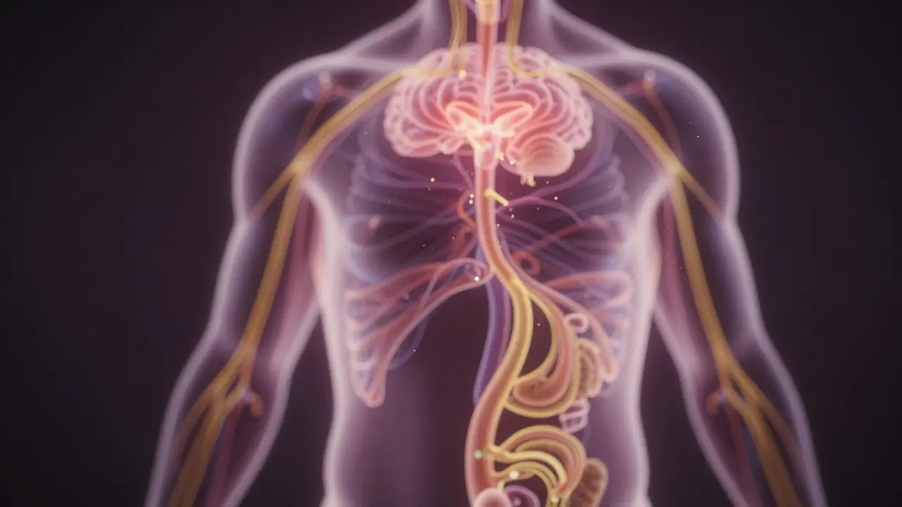 Abstraktní vizualizace uvolňování oxytocinu a endorfinů v těle.