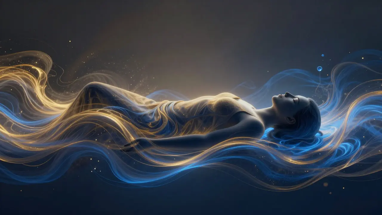 Abstraktní znázornění hluboké relaxace a uvolnění stresu pomocí barevných vln.