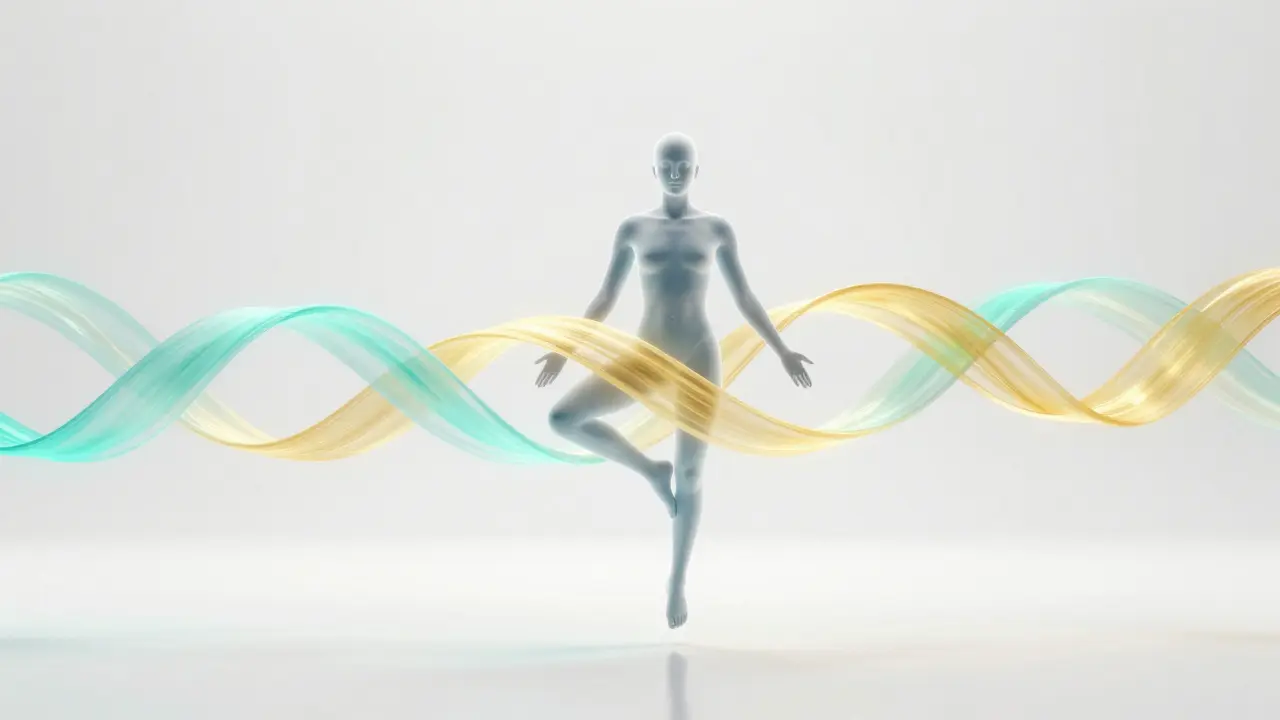 Abstraktní zobrazení kombinace fyzického a energetického léčení v těle.