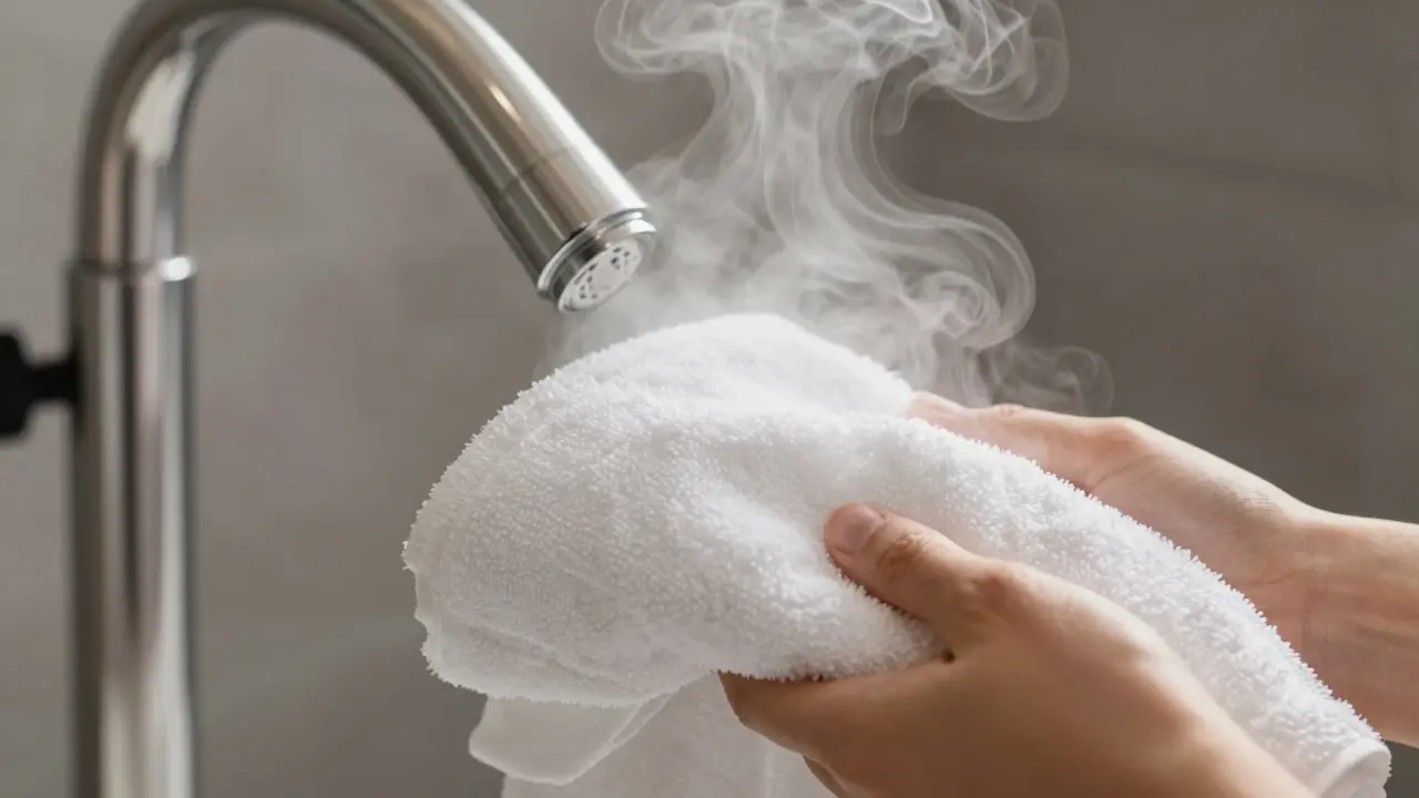 Detail profesionálního ohřívače s horkým, napařovaným ručníkem.