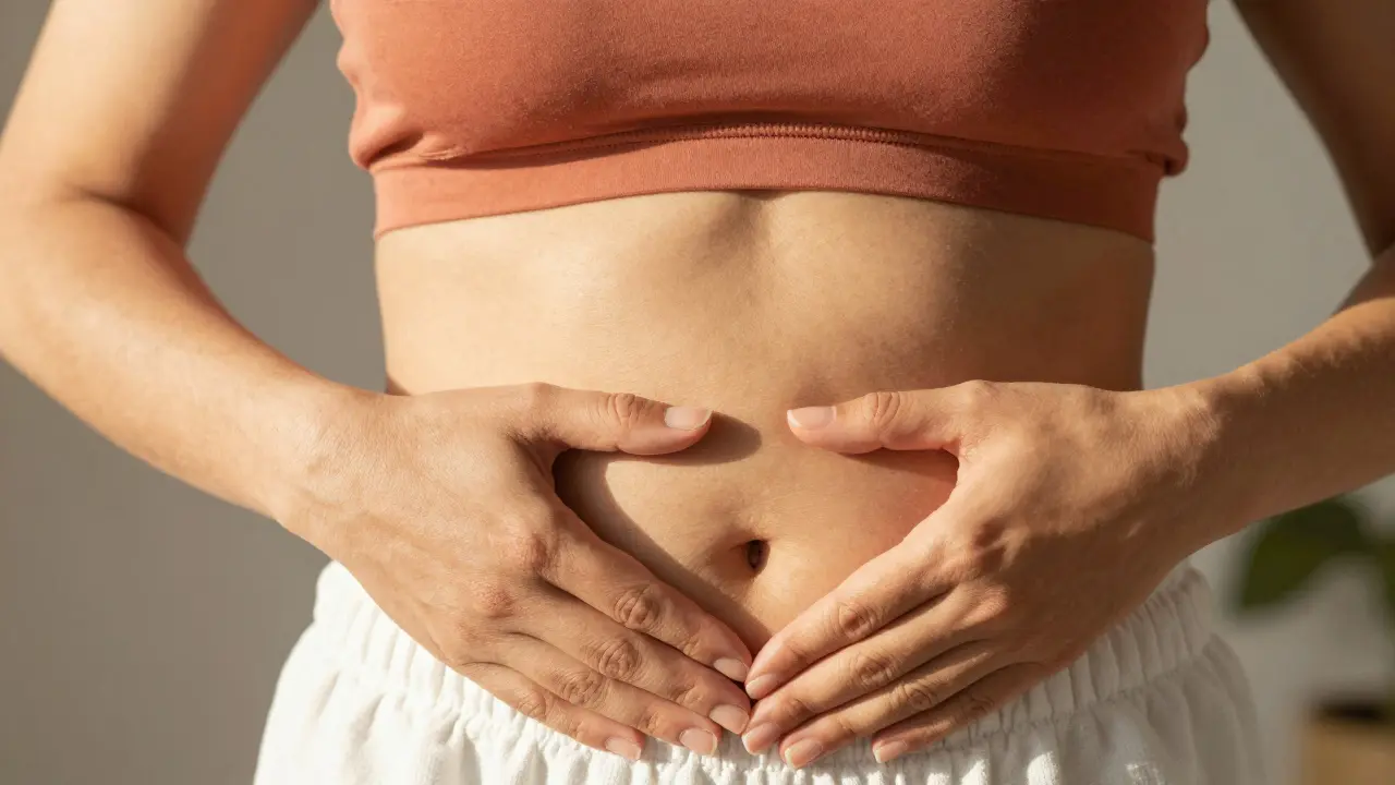 Detail rukou ženy jemně objímajících břicho s výrazem vnitřního klidu a přijetí svého těla.