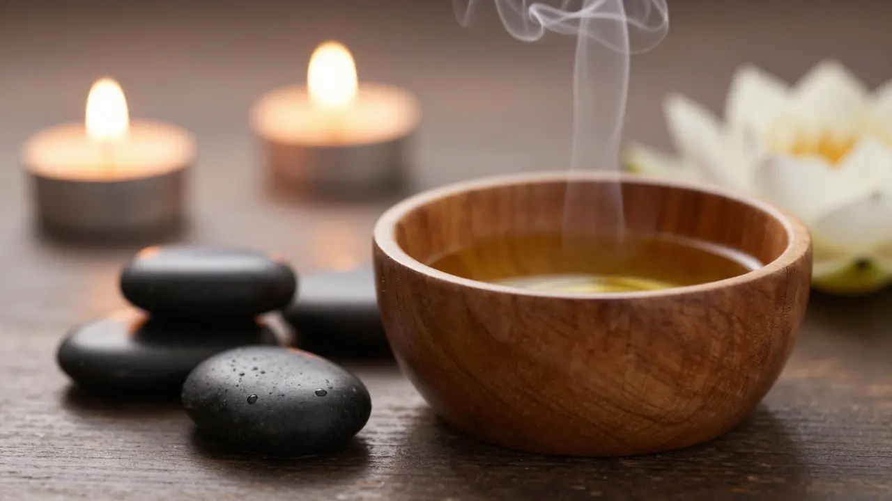 Detail teplého oleje a svíček v uklidňujícím prostředí spa rituálu.