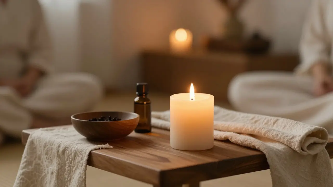 Klidné detailní záběry na zapálenou svíčku a esenciální oleje v tlumeném osvětlení.