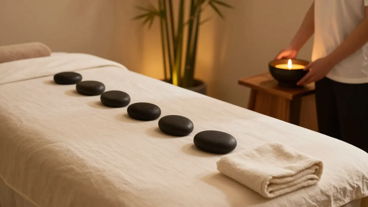 Klidný interiér terapeutického studia s lávovými kameny a olejem.