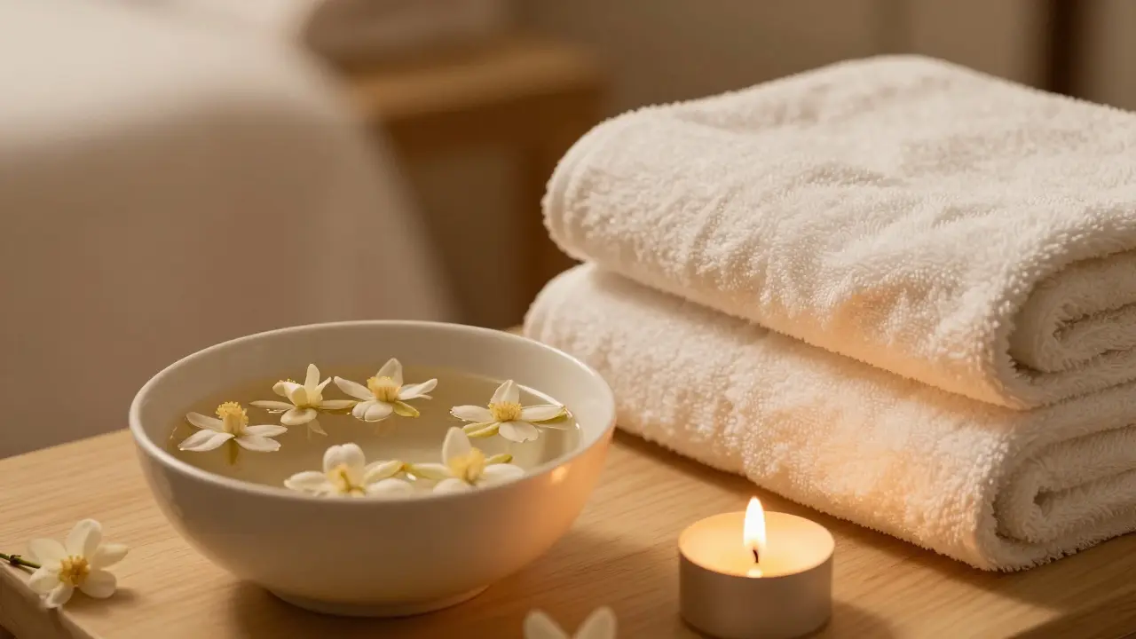 Klidný interiér wellness centra s detailem ručníků a aroma svíčky.