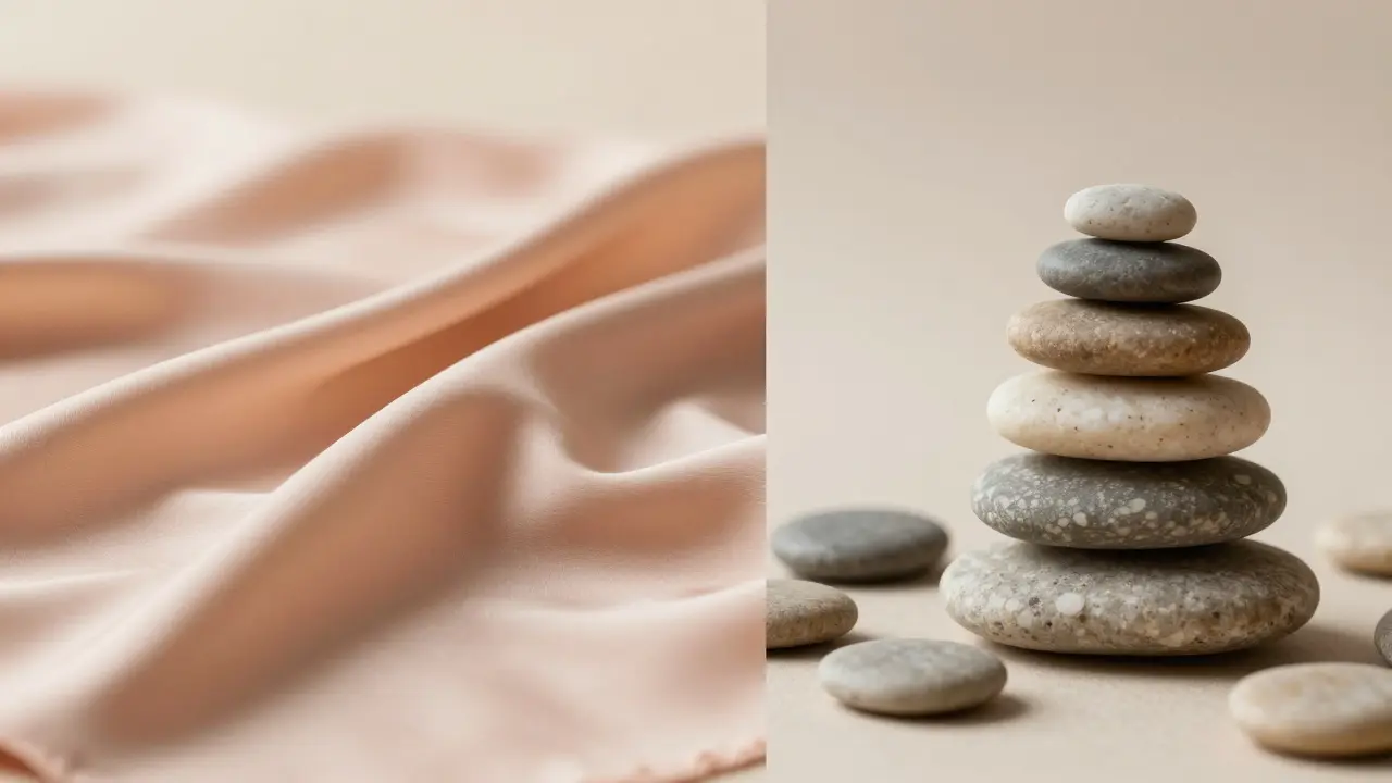 Kompozice vlnovitého hedvábí a vybalancovaných kamenů symbolizující dvě cesty hojení.