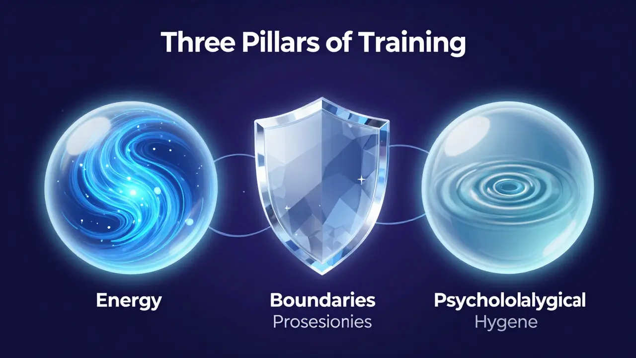 Konceptuální zobrazení tří pilířů školení: energie, hranice a psychická hygiena.