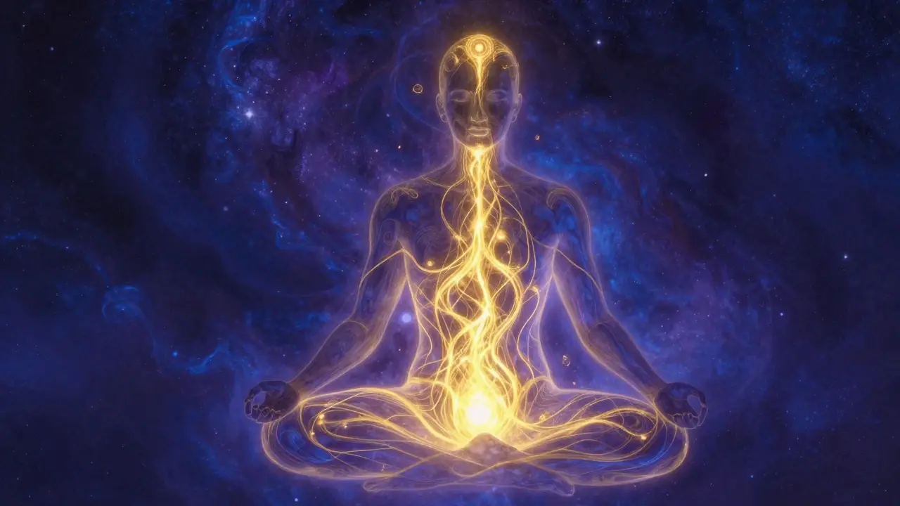 Konceptuální zobrazení zlaté energie stoupající po páteři nahoru.