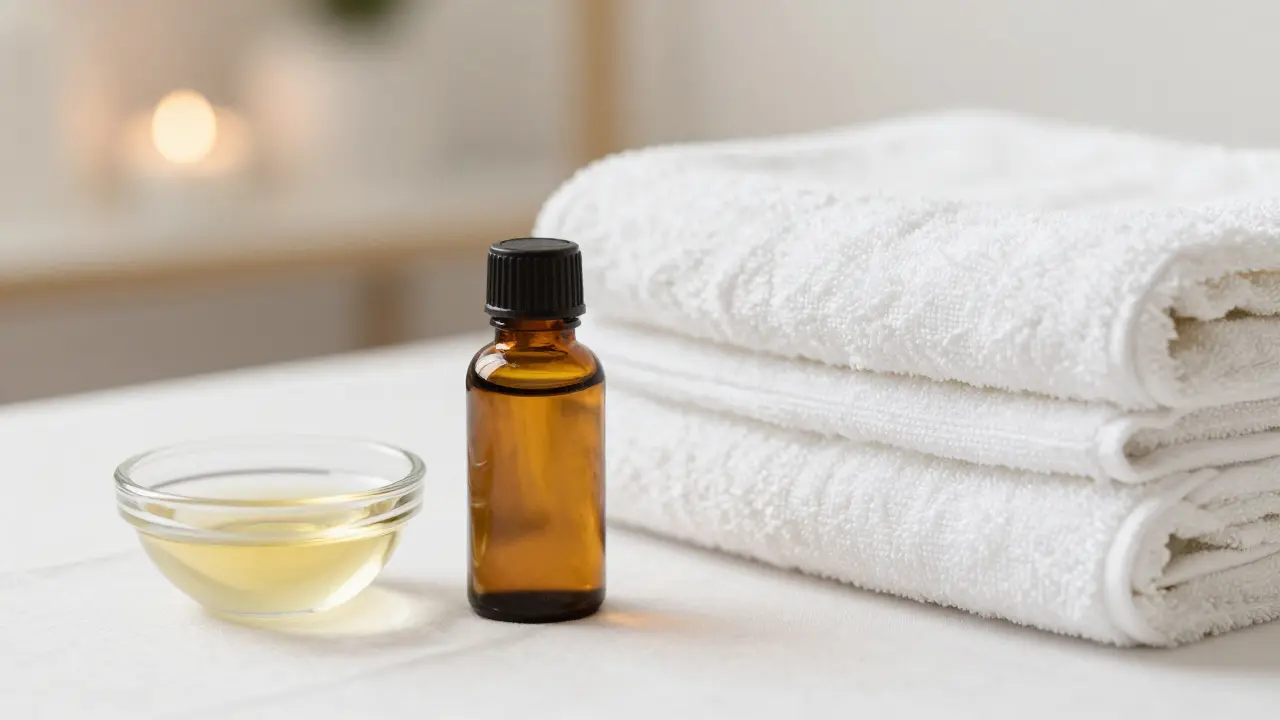 Prémiové esenciální oleje a čisté bílé ručníky v luxusním wellness prostředí.