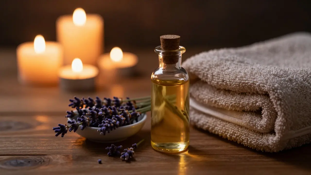 Sada pro masážní rituál s olejem, levandulí a teplým ručníkem při svíčich.