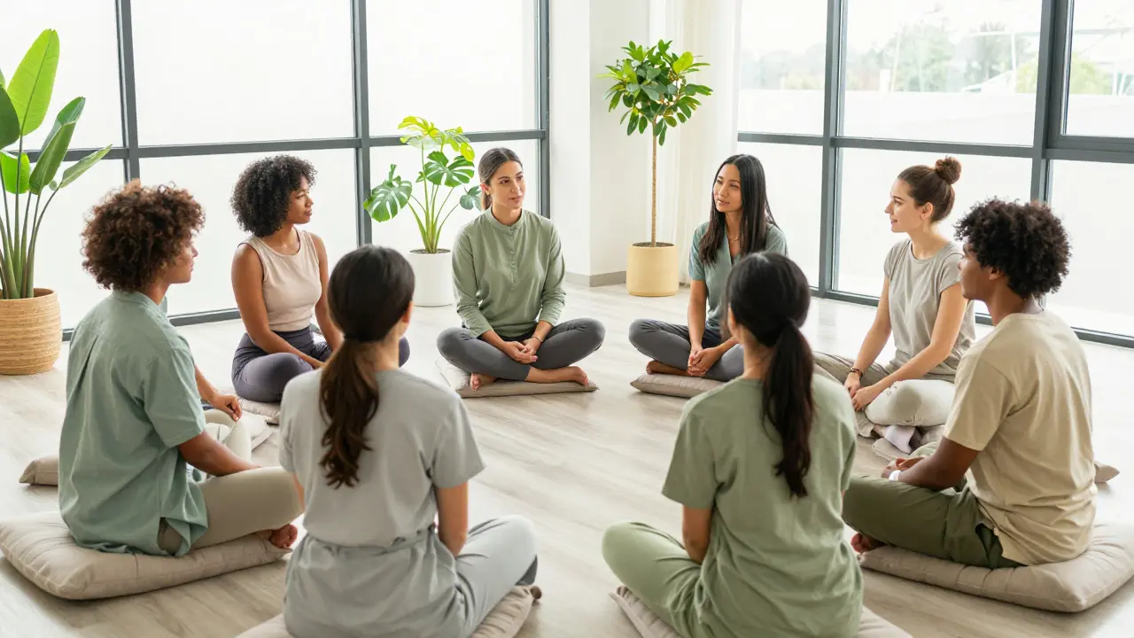Skupina terapeutů v reflexním kruhu v prosvětlené místnosti s rostlinami.