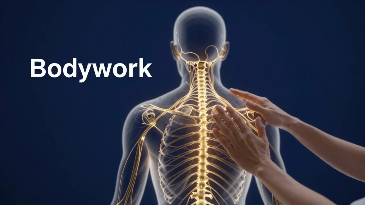 Stylizovaná lidská silueta s vyznačeným nervovým systémem v modrém prostoru.