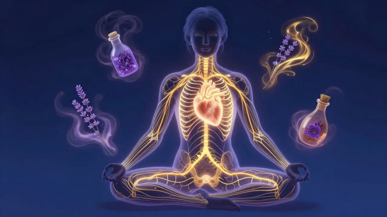 Stylizovaná silueta člověka s vyzařující energetickou sítí v těle a květy levandule.