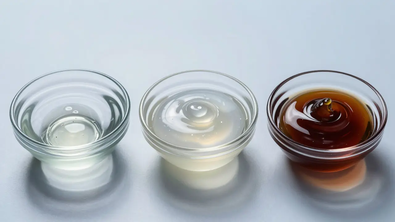 Tři skleněné misky s různými typy lubrikantů znázorňující rozdílnou hustotu.