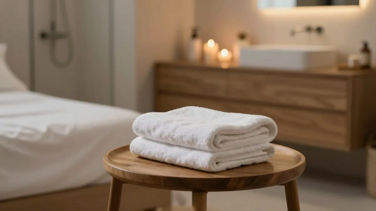 Uklidňující interiér s tlumeným osvětlením a ručníkem připravený k relaxaci.