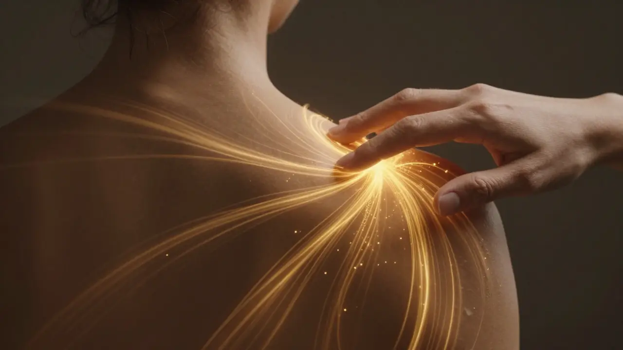 Umělecké zobrazení energetického proudění a jemného doteku na zádech.
