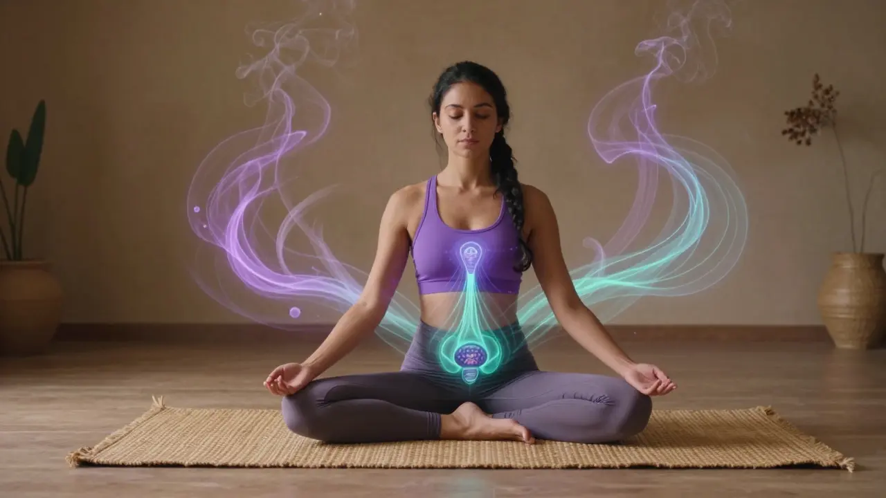 Žena v tantrické józe s vizuální představou energetických proudů v těle pro hormonální rovnováhu.