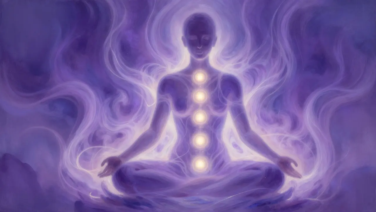 Energie proudící tělem a osvětlené čakry v meditaci