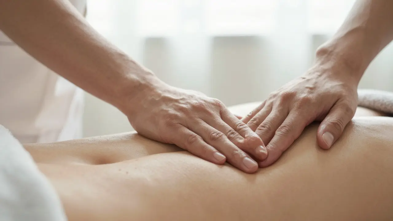 Jemné terapeutické doteky na břiše pro relaxaci pánevního dna