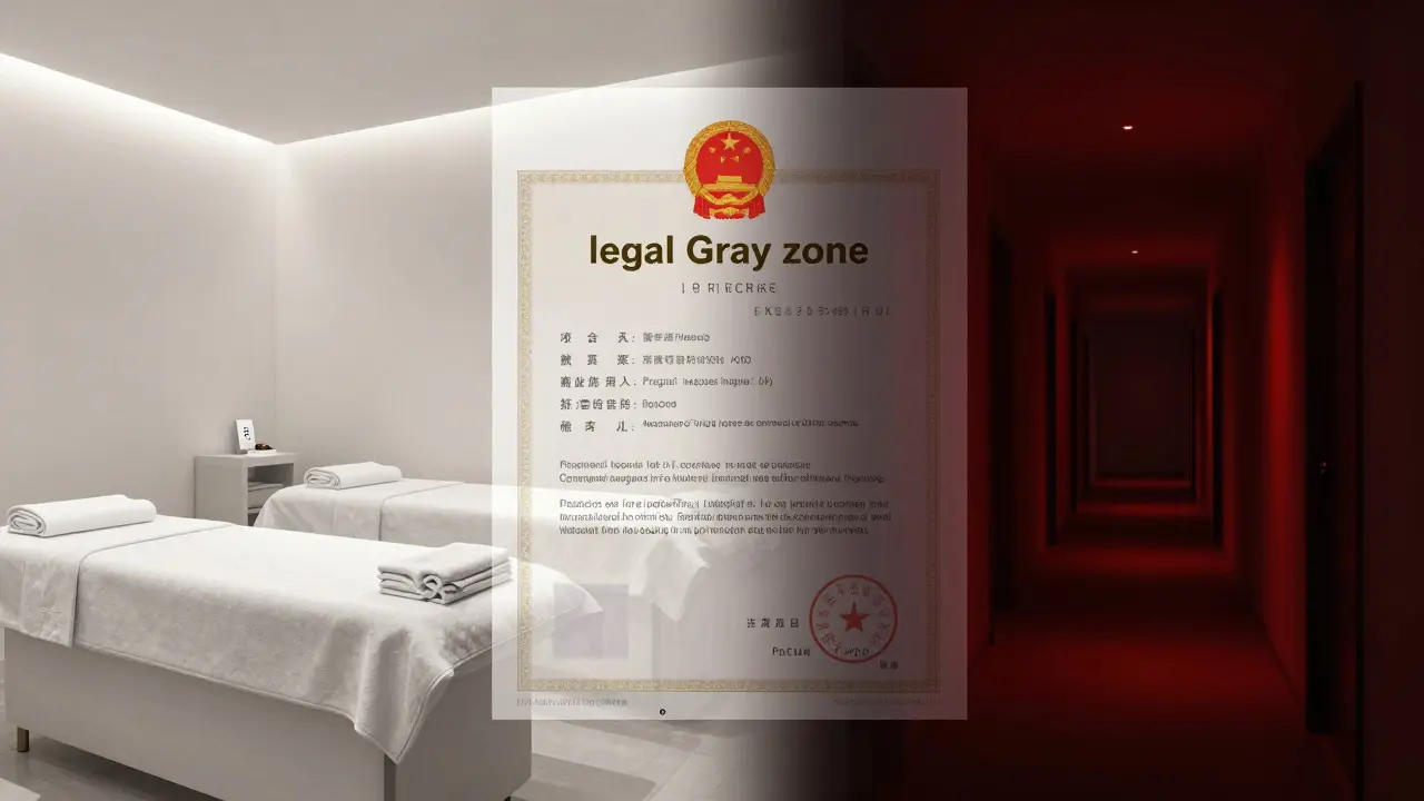 Konceptuální ilustrace právní šedé zóny masáží v Praze