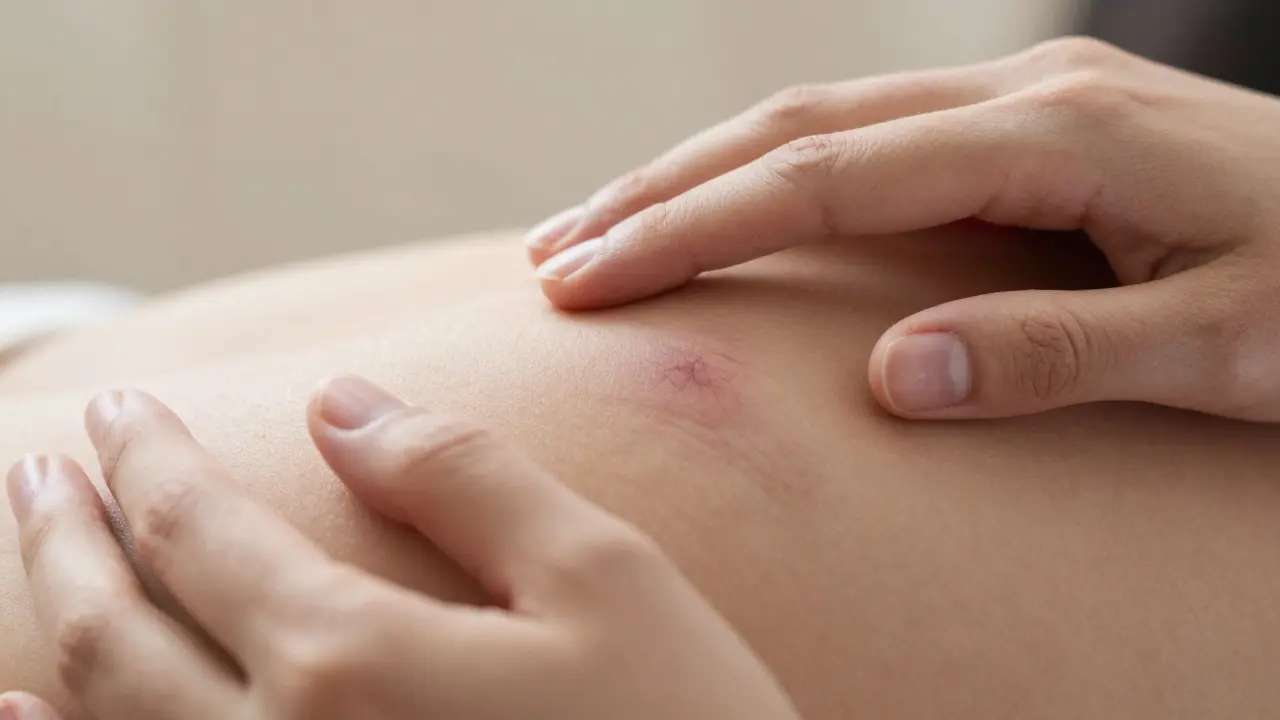 Ruce opatrně blízko kůže s jizvou, symbolizující důvěru