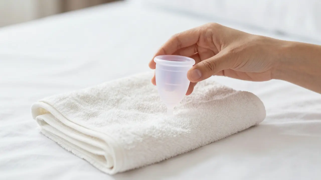 Menstruační kalíšek a čistý ručník na masážním stole pro hygienu