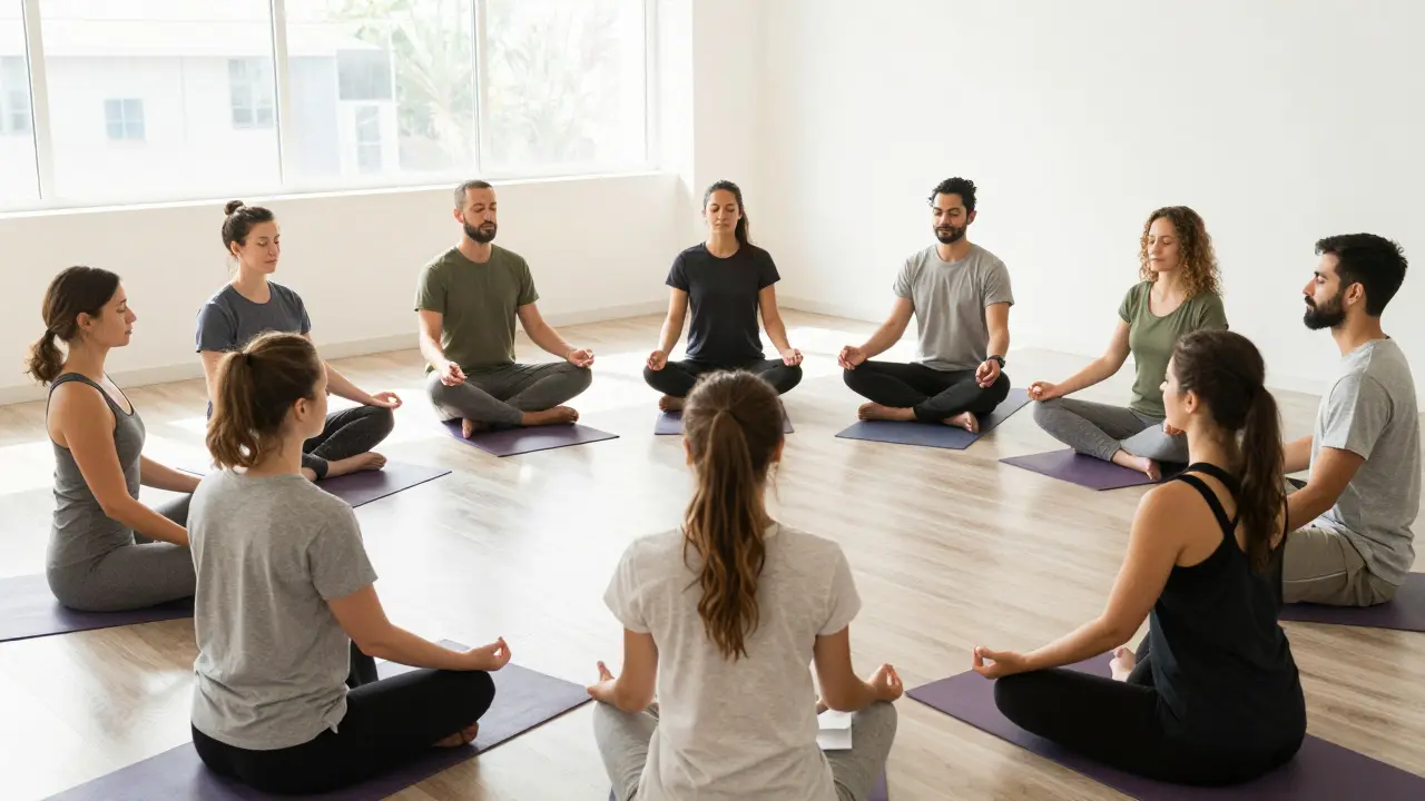 Skupina lidí při mindfulness workshopu