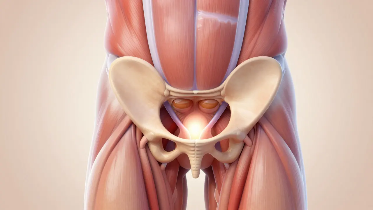 Anatomická ilustrace polohy prostaty a konečníku bez textu