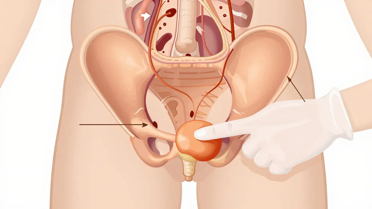 Anatomická ilustrace prostaty a cesty pro přímou masáž