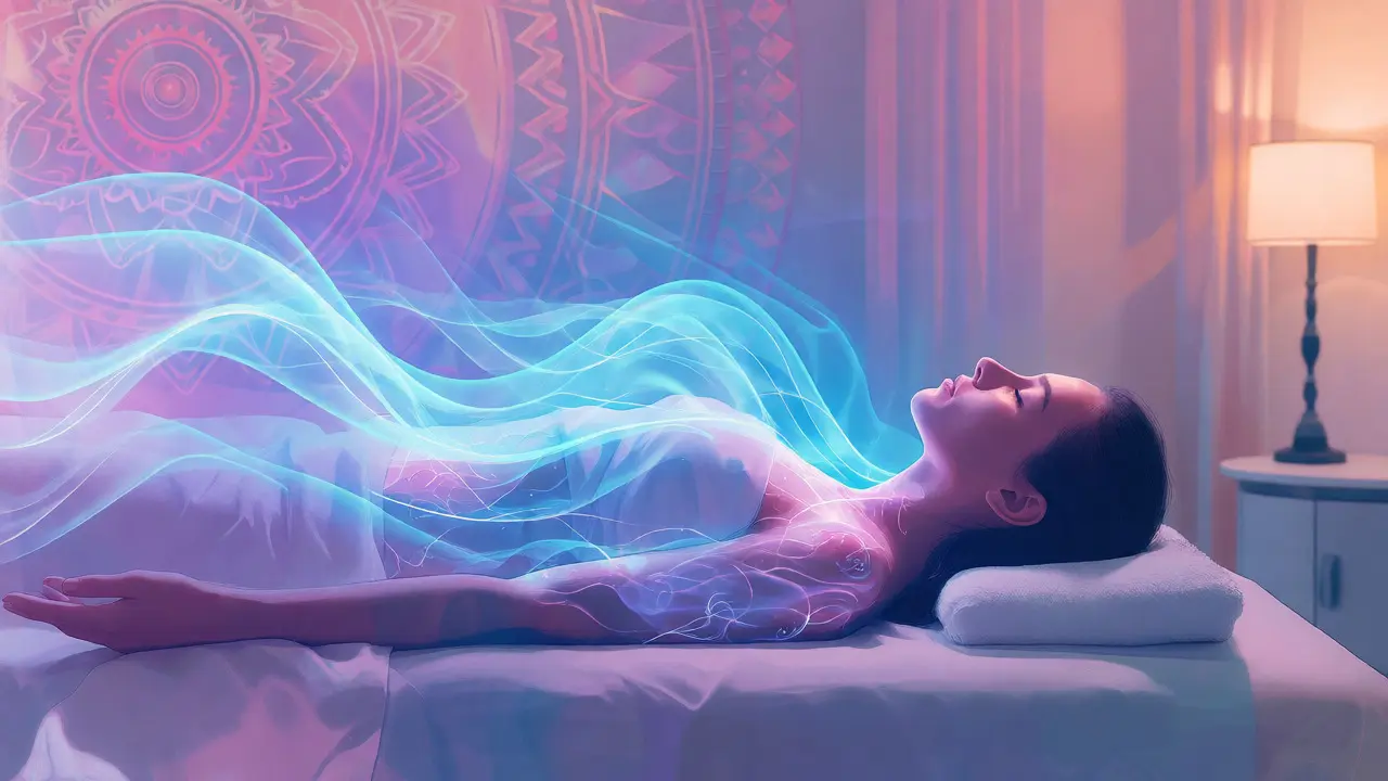 Abstraktní vizualizace uvolnění energie a relaxace během tantrické masáže