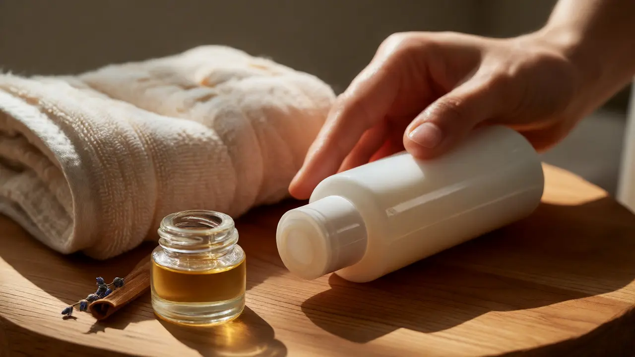 Detailní záběr na lubrikační gel, teplý ručník a vůně levandule připravené k masáži