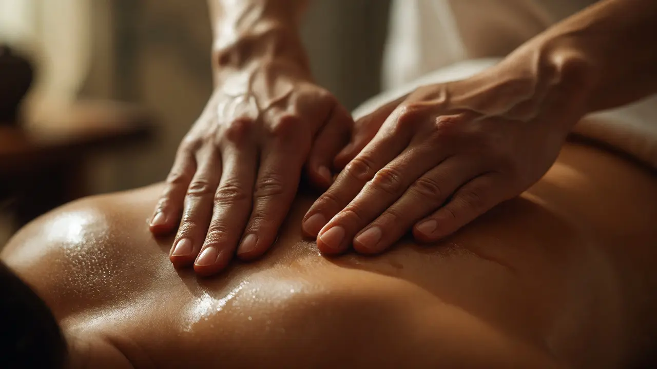 Detailní záběr na ruce terapeuta provádějícího pomalou tantrickou masáž