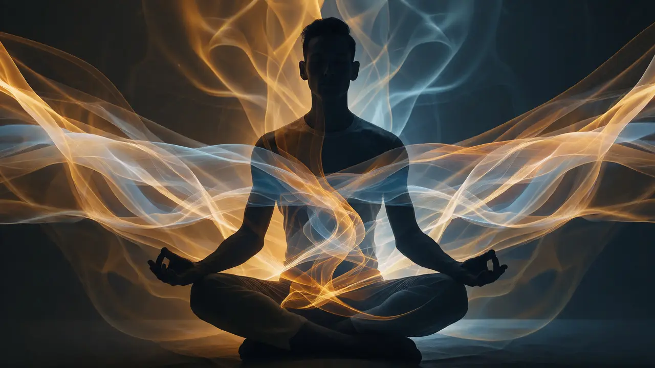 Silueta muže v meditaci obklopená proudy energie